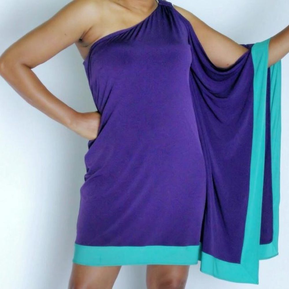 Vintage Cache One-Shoulder Stretch Dress in Purple & Teal Gold Buckle Size XS
